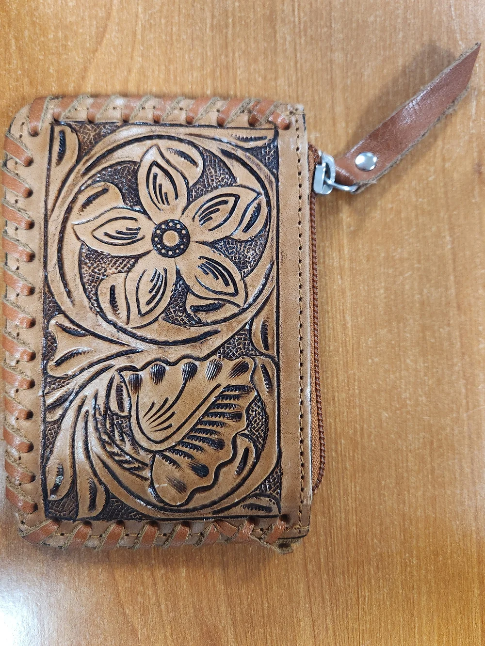 Hand-Tooled Floral Leather Cow Print Zip Coin Purse- Tan